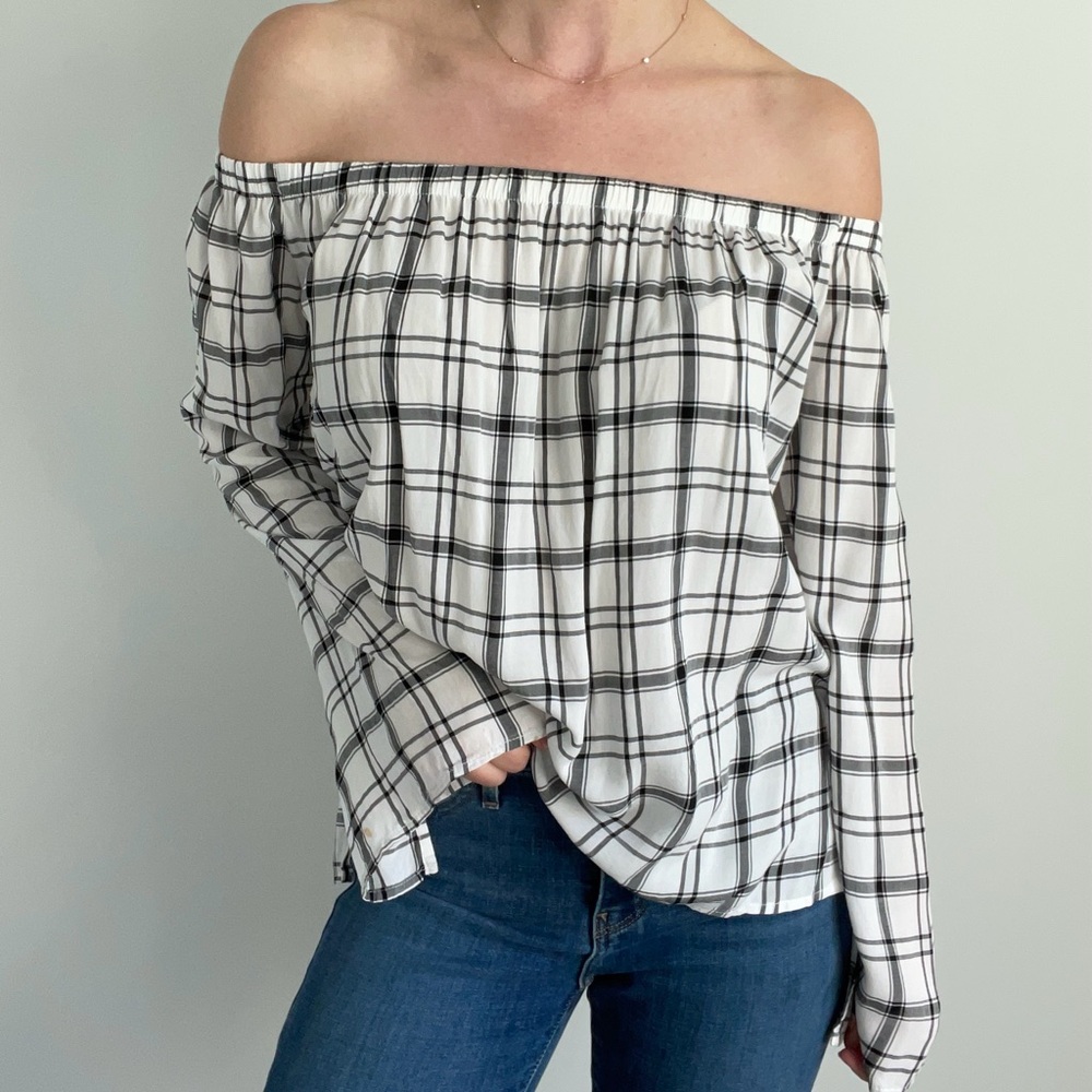 Cloth & Stone Off Shoulder Plaid Blouse Rayon Size S